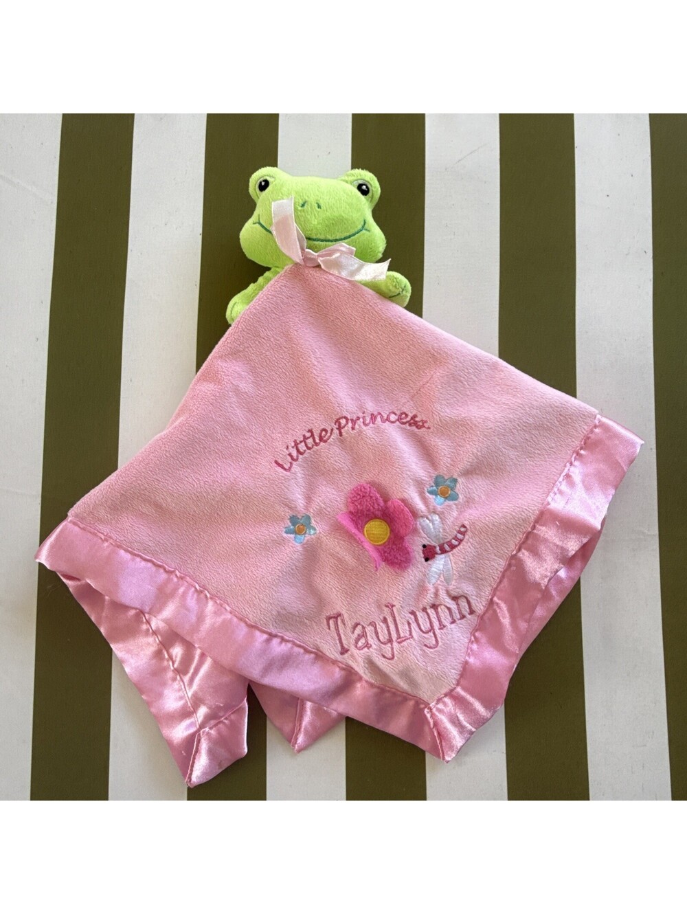 Burton & Burton Pink Green Frog Little Princess Lovey Security Blanket "TayLynn"